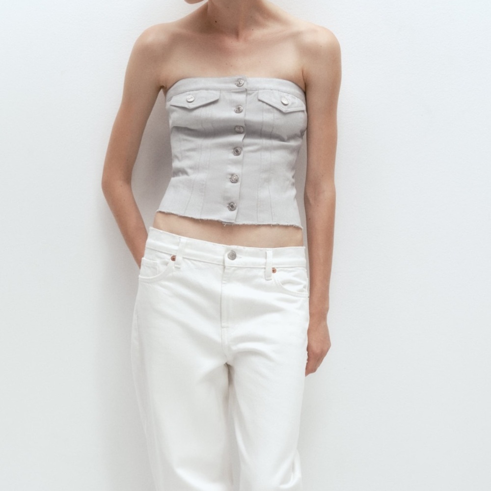 Zara Corset Top Silver Denim Crop Bustier Top Raw Hem Cotton Women’s Size Medium